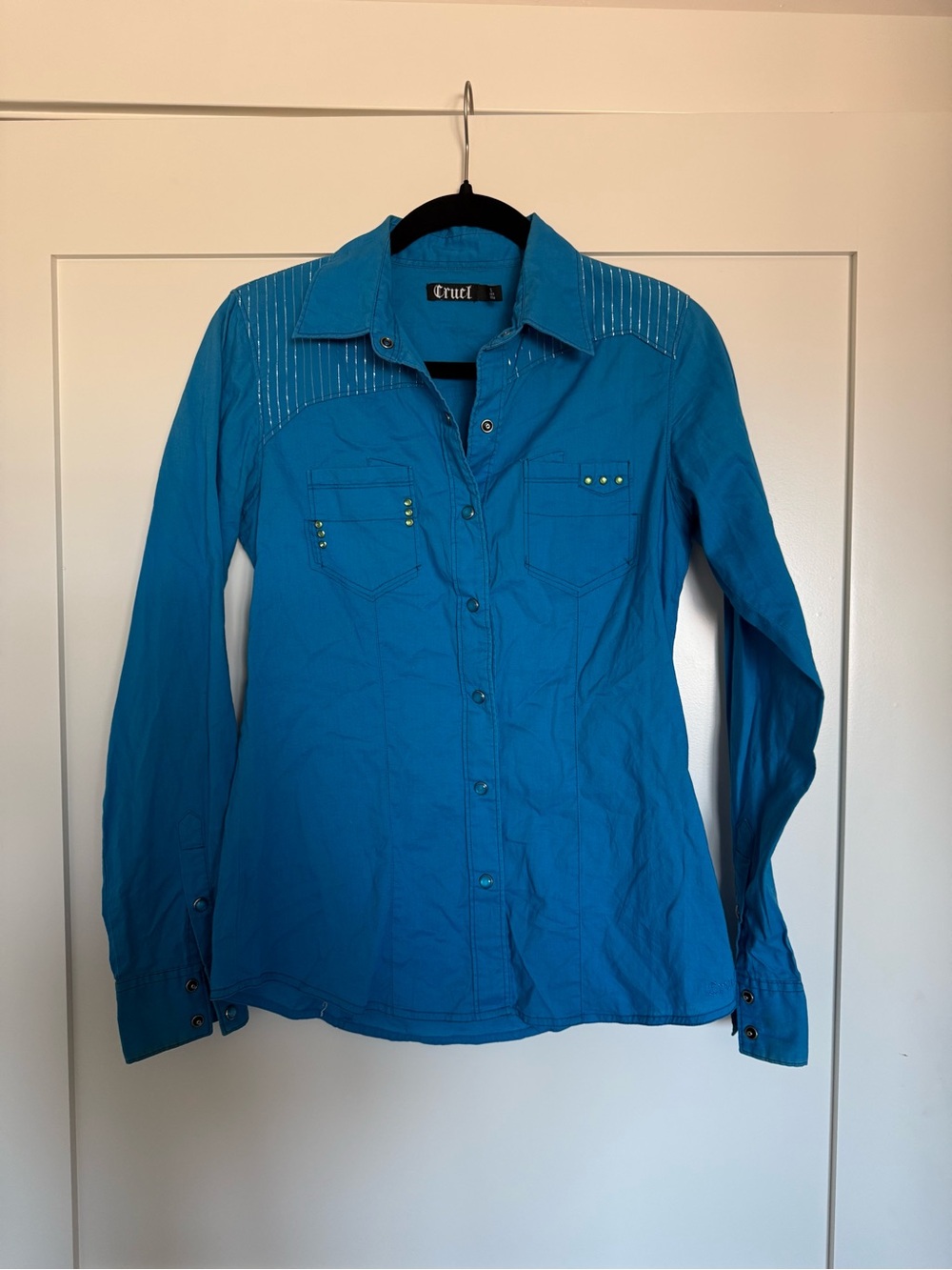 Cruel Teal Blue Button-Down Shirt‎ with Stud Accents